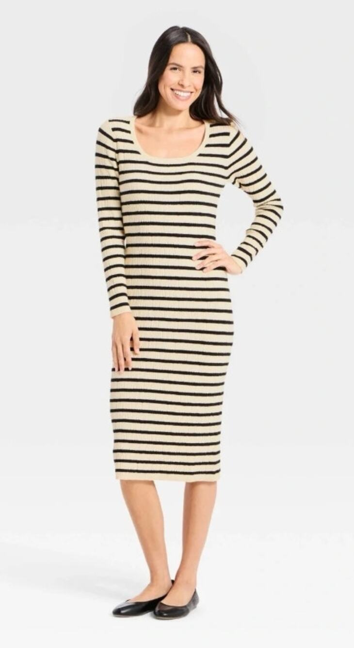 Universal Threads Women's Long Sleeve Textured Cream Striped Midi Sweater - XS